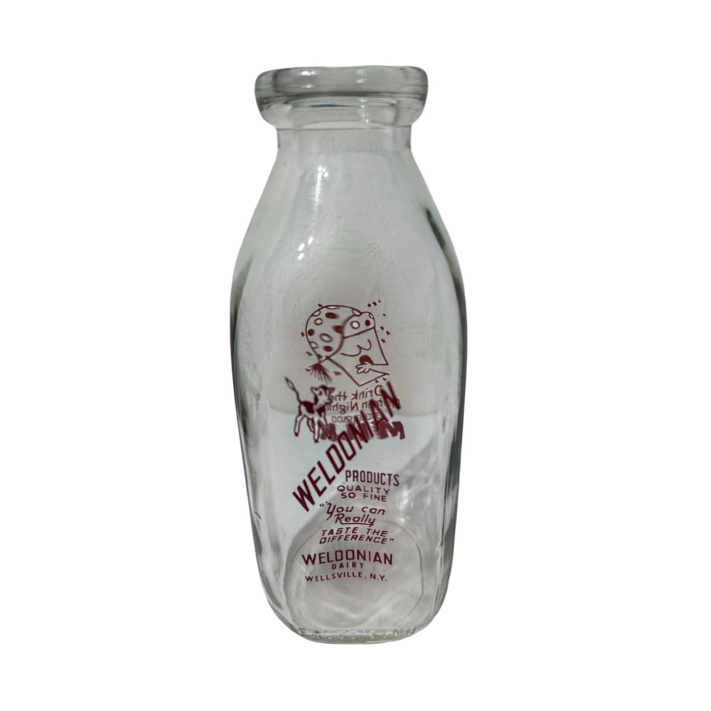 Vintage Weldonian Dairy Wellsville NY One Quart Glass Milk Bottle Red Pyro Calf